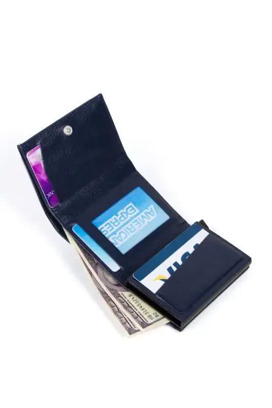 Unisex Navy Vegan Leather Sliding Cardholder Wallet Aluminum Mechanism Automatic Wallet-NAVY - 2