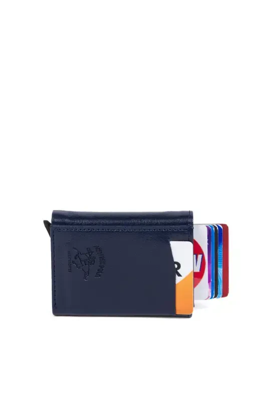 Unisex Navy Vegan Leather Sliding Cardholder Wallet Aluminum Mechanism Automatic Wallet-NAVY - 3