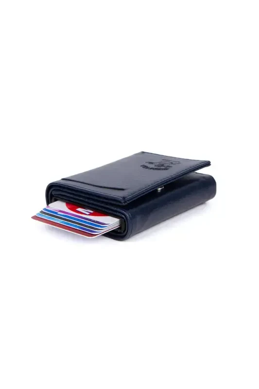 Unisex Navy Vegan Leather Sliding Cardholder Wallet Aluminum Mechanism Automatic Wallet-NAVY - 4