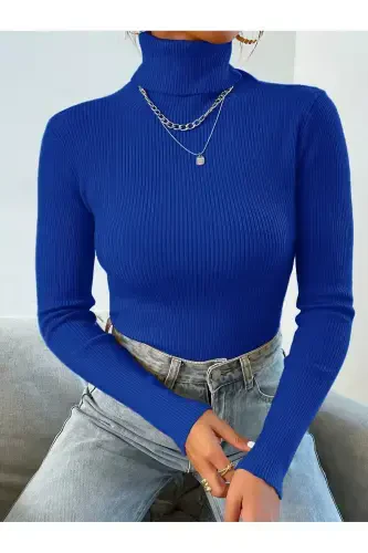 Unisex och ko'k paxtalik baliqchi yoqali kashkors sharshonli slimfit bo'g'izli kozok-och ko'k - 3