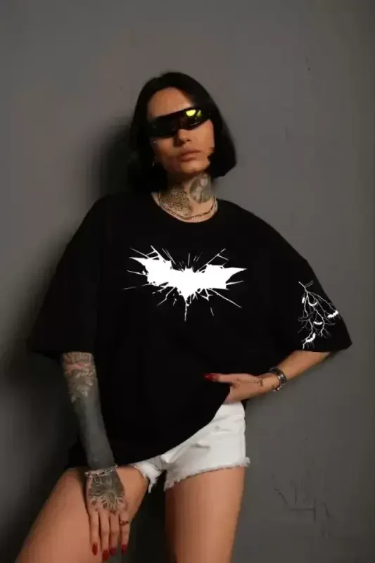 Unisex Ön Ve Kol Baskılı Oversize T-shirt - Siyah - BÜYÜKBEDENIZ