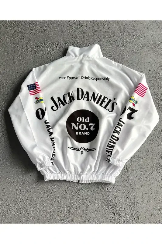 Unisex Oq JCK Raqamli Dizayn Bosmali Fermuarli Yomg'ir Palto & Shamol Palto - Oq - 2