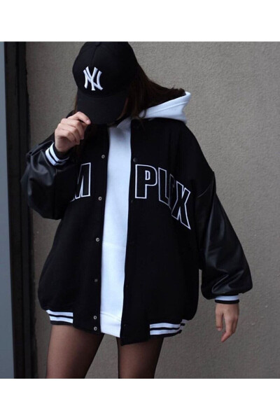 Unisex Oversize Black Complex Sleeve Leather College Jacket - GENEL MARKALAR (1)