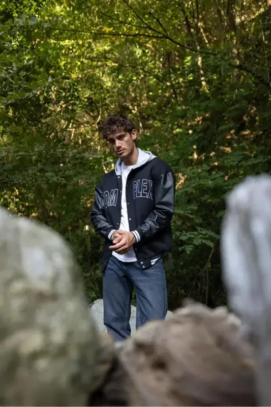 Unisex Oversize Black Complex Sleeve Leather College Jacket-black013447 - AHTAPOTMODA