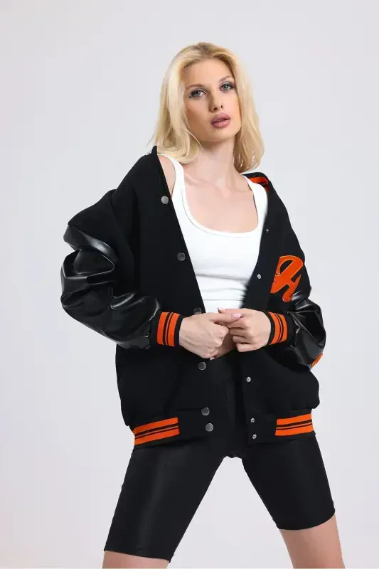 Unisex Oversize Black Complex Sleeve leather College Jacket-orange - 1
