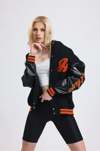 Unisex Oversize Black Complex Sleeve leather College Jacket-orange - AHTAPOTMODA (1)
