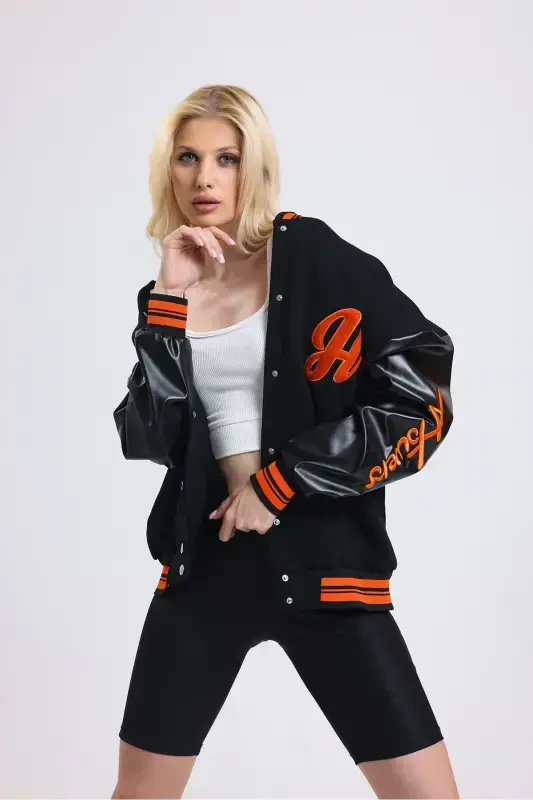 Unisex Oversize Black Complex Sleeve leather College Jacket-orange - 2