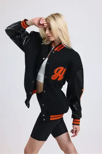 Unisex Oversize Black Complex Sleeve leather College Jacket-orange - 3