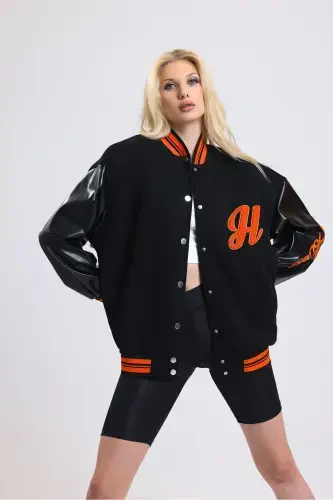 Unisex Oversize Black Complex Sleeve leather College Jacket-orange - 4