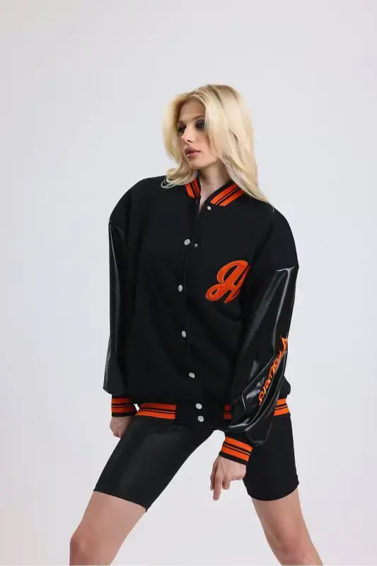 Unisex Oversize Black Complex Sleeve leather College Jacket-orange - 5