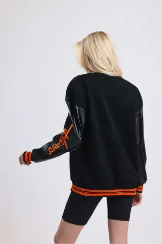 Unisex Oversize Black Complex Sleeve leather College Jacket-orange - 6