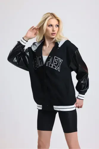 Unisex Oversize Black Complex Sleeve Leather Varsity Jacket-gray - AHTAPOTMODA (1)