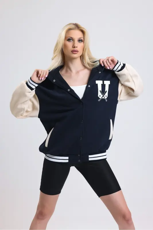 Unisex Oversize Black Complex Sleeve Leather Varsity Jacket-white - 2