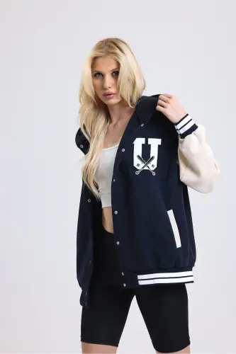 Unisex Oversize Black Complex Sleeve Leather Varsity Jacket-white - 5