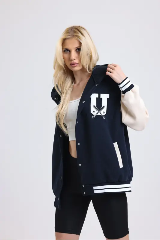 Unisex Oversize Black Complex Sleeve Leather Varsity Jacket-white - 5
