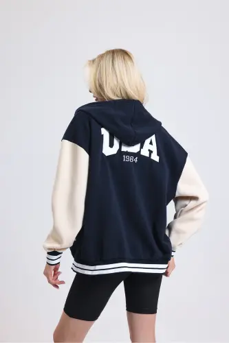 Unisex Oversize Black Complex Sleeve Leather Varsity Jacket-white - 6