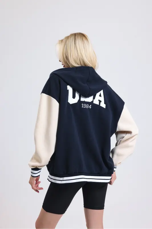 Unisex Oversize Black Complex Sleeve Leather Varsity Jacket-white - 6