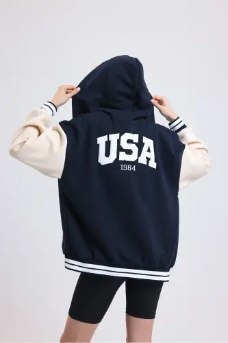 Unisex Oversize Black Complex Sleeve Leather Varsity Jacket-white - 7