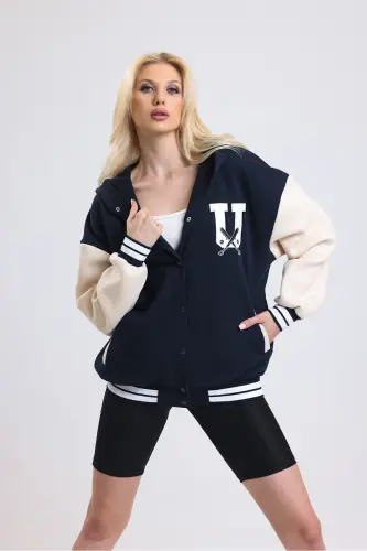 Unisex Oversize Black Complex Sleeve Leather Varsity Jacket-white 