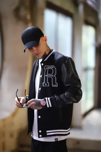 Unisex Oversize Qora Complex Qo'l charm kollej kurtkasi - qora - 3