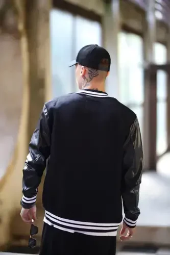 Unisex Oversize Qora Complex Qo'l charm kollej kurtkasi - qora - 4