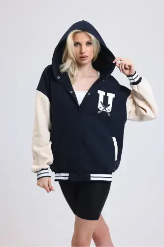 Unisex Oversize Qora Kompleks Qo'l teri Kollej Kurtka-oq - 3