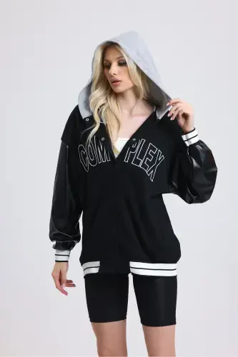 Unisex Oversize Qora Kompleks Qo'l teri Kollej Kurtkasi-kulrang - 4