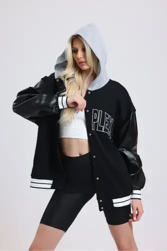 Unisex Oversize Qora Kompleks Qo'l teri Kollej Kurtkasi-kulrang - 6