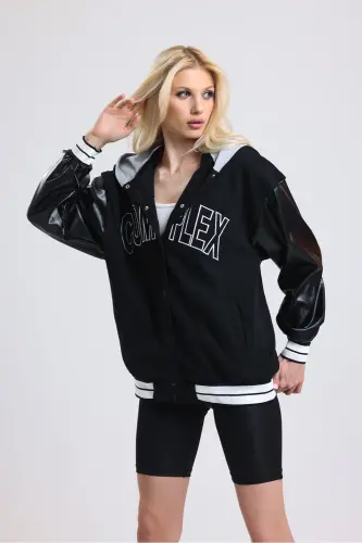 Unisex Oversize Siyah Complex Kol deri Kolej Ceket - gri - 2