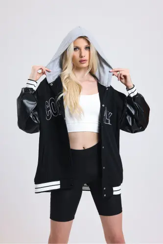 Unisex Oversize Siyah Complex Kol deri Kolej Ceket - gri - 5