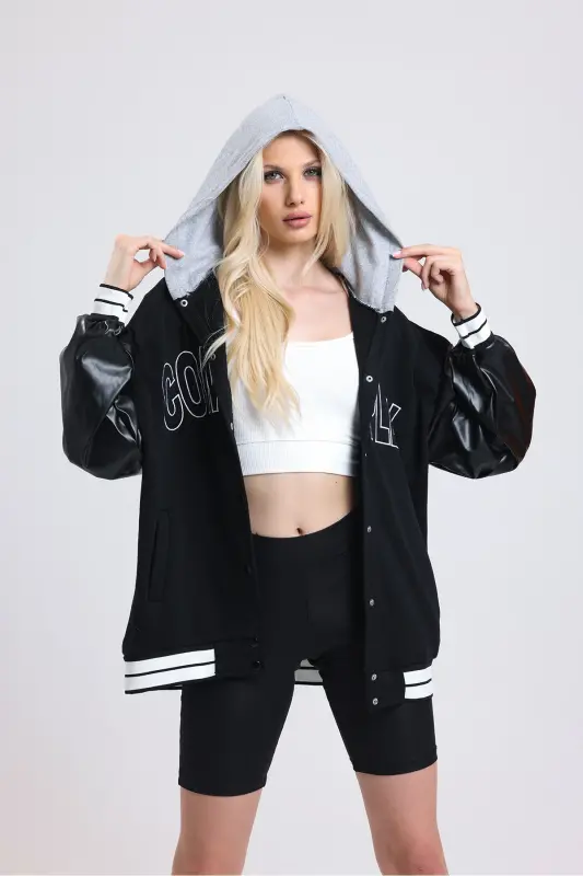 Unisex Oversize Siyah Complex Kol deri Kolej Ceket - gri - 5