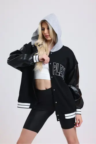 Unisex Oversize Siyah Complex Kol deri Kolej Ceket - gri - 6