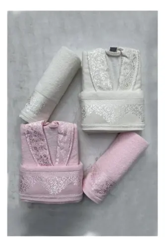 Unisex Pamuk Aile Bornoz Seti Bornoz Takımı-Pembe 