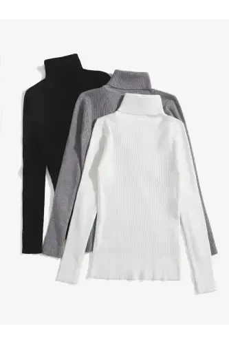 Unisex Pamuklu Balıkçı Yaka Kaşkorse Şardonlu Slimfit Boğazlı Kazak-siyahbeyazgri1 - 1