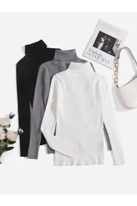 Unisex Pamuklu Balıkçı Yaka Kaşkorse Şardonlu Slimfit Boğazlı Kazak-siyahbeyazgri1 - 3