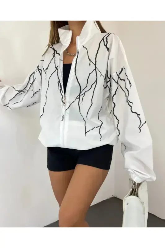Unisex Parachute Fabric Lightning Print Oversize White Windbreaker Raincoat-White - 1