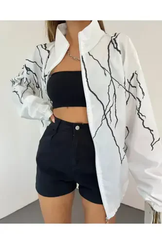 Unisex Parachute Fabric Lightning Print Oversize White Windbreaker Raincoat-White - 2