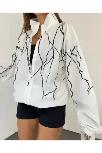 Unisex Parachute Fabric Lightning Print Oversize White Windbreaker Raincoat-White - 3