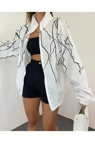 Unisex Parachute Fabric Lightning Print Oversize White Windbreaker Raincoat-White - 4