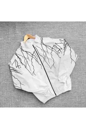 Unisex Parachute Fabric Lightning Print Oversize White Windbreaker Raincoat-White - 5