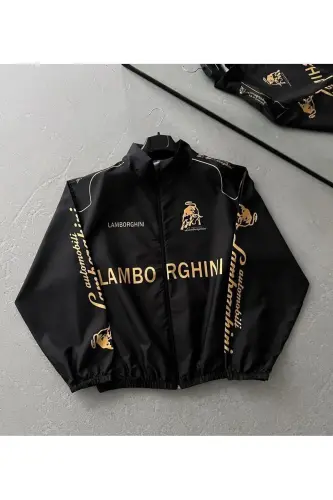 Unisex Parachute Fabric Oversize Digital Printed Black Windbreaker Raincoat 