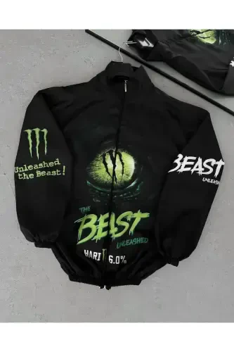 Unisex Parachute Fabric Oversize Digital Printed Black Windbreaker Raincoat Thin Jacket-Black/Green - 1