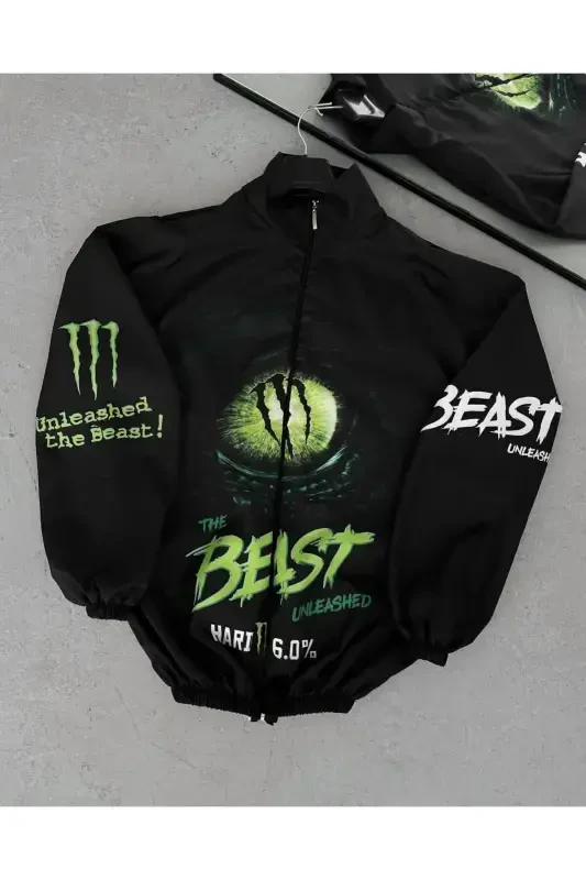 Unisex Parachute Fabric Oversize Digital Printed Black Windbreaker Raincoat Thin Jacket-Black/Green - 1