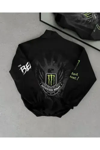 Unisex Parachute Fabric Oversize Digital Printed Black Windbreaker Raincoat Thin Jacket-Black/Green - LUSHEN (1)