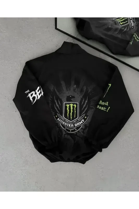 Unisex Parachute Fabric Oversize Digital Printed Black Windbreaker Raincoat Thin Jacket-Black/Green - 2