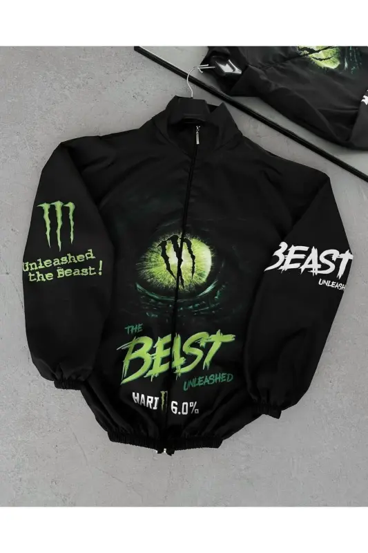 Unisex Parachute Fabric Oversize Digital Printed Black Windbreaker Raincoat Thin Jacket-Black/Green - 2
