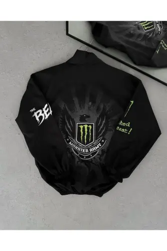 Unisex Parachute Fabric Oversize Digital Printed Black Windbreaker Raincoat Thin Jacket-Black/Green - 3