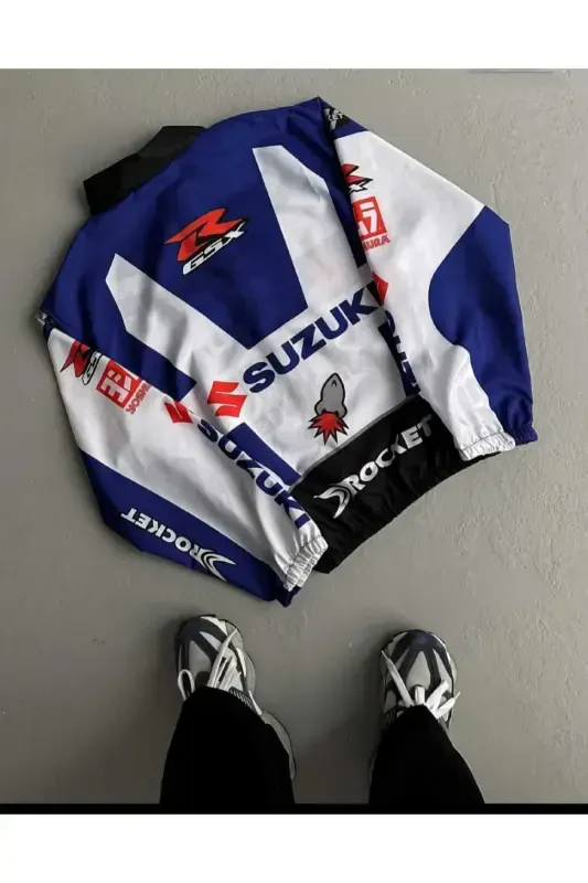 Unisex Parachute Fabric Oversize Printed Black Windbreaker Raincoat-blue - 3