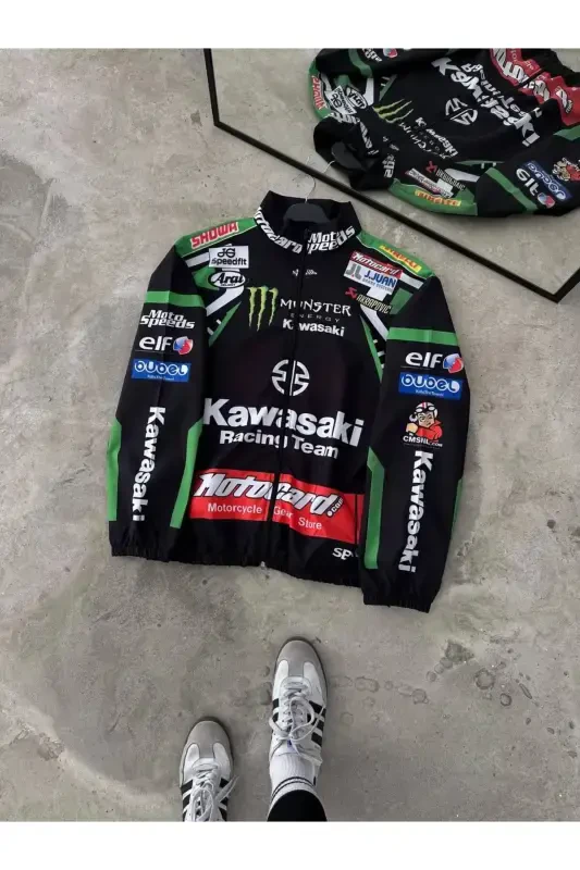 Unisex Parachute Fabric Oversize Printed Black Windbreaker Raincoat Thin Jacket-Black/Green - 2