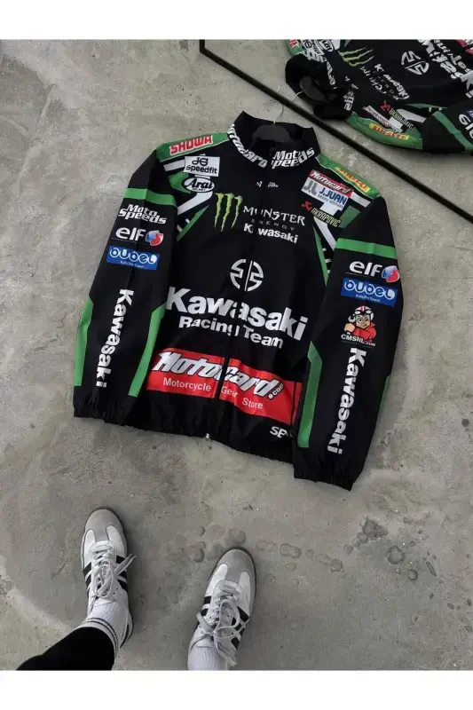 Unisex Parachute Fabric Oversize Printed Black Windbreaker Raincoat Thin Jacket-Black/Green - 3